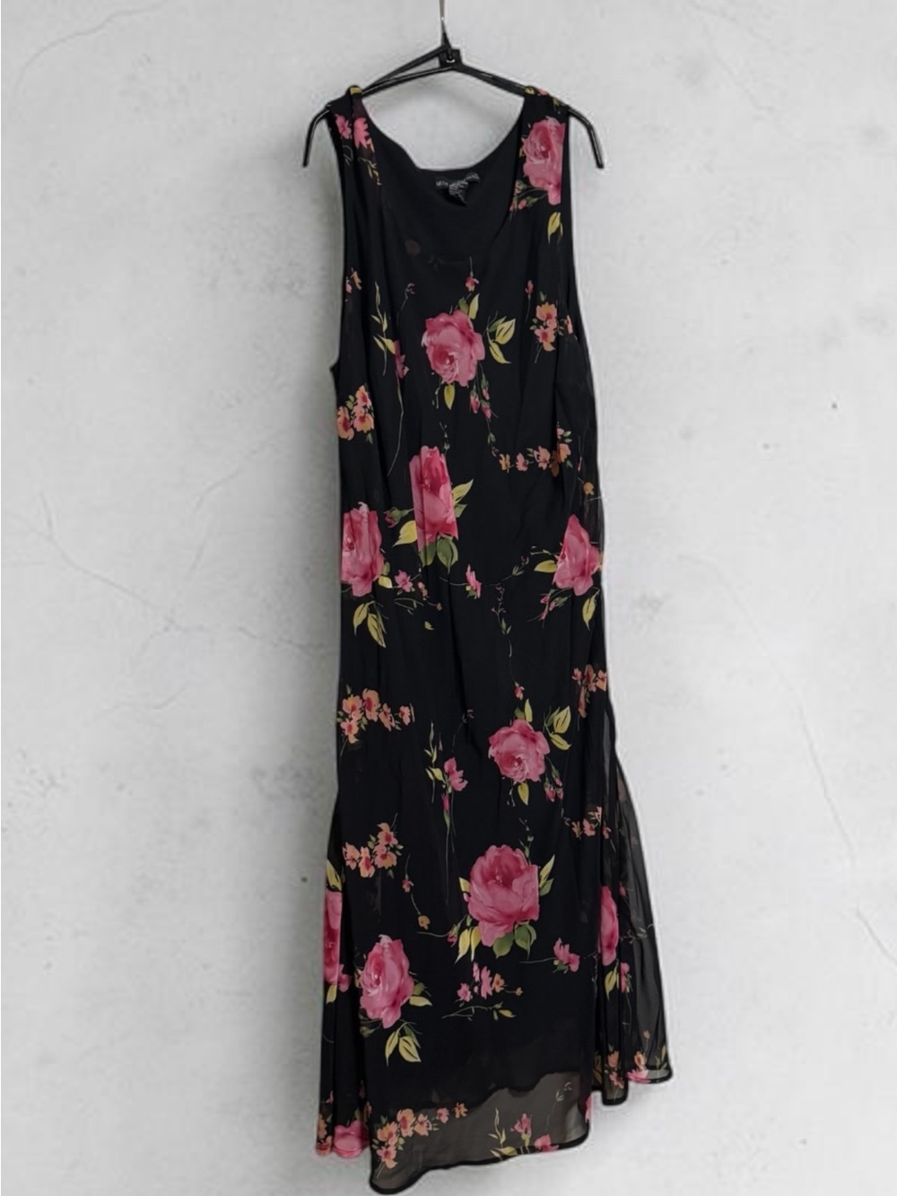 Mlle Gabrielle Black Midi Dress with Pink Rose Motif